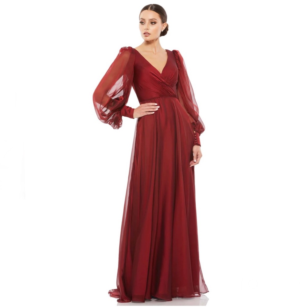 MAC DUGGAL Sheer Blouson Sleeve Surplice Gown NEW Size 4 Garnet